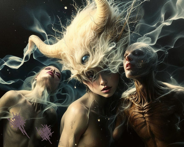 Surreal Scene with Intertwined Figures and Smoke