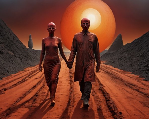 Surreal Couple on Red Path Under Orange Sunrise