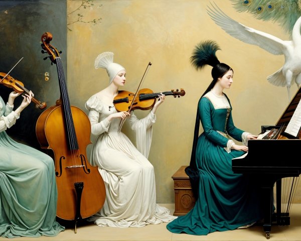 Elegant Women Playing Instruments with a Soaring Peacock