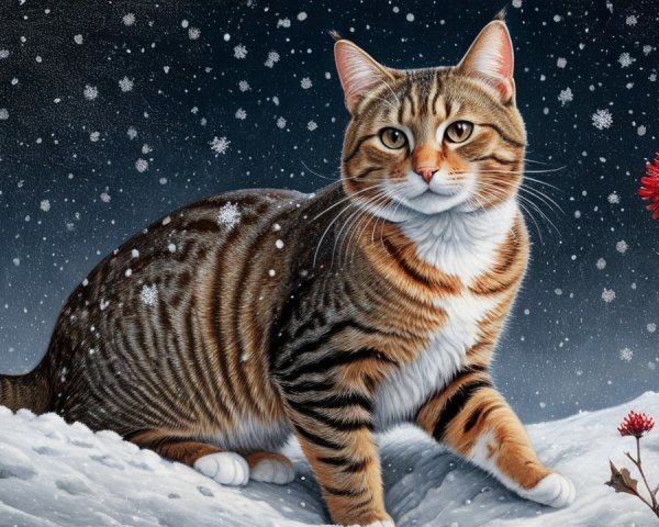 Tabby Cat in Snowy Landscape with Red Flower