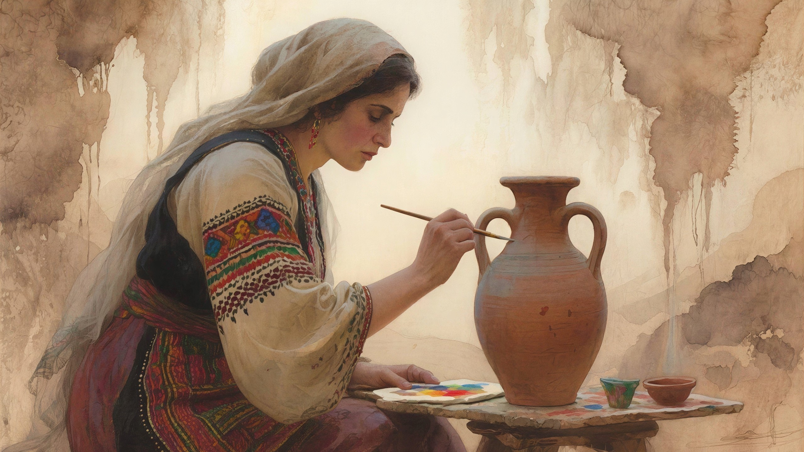 Woman Decorating Clay Pot with Painter's Palette