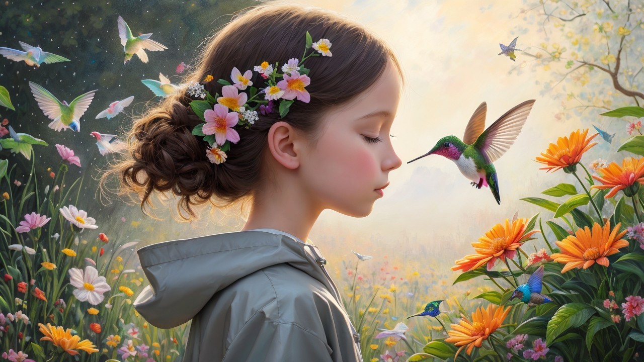 Young girl in a vibrant garden with flowers and butterflies