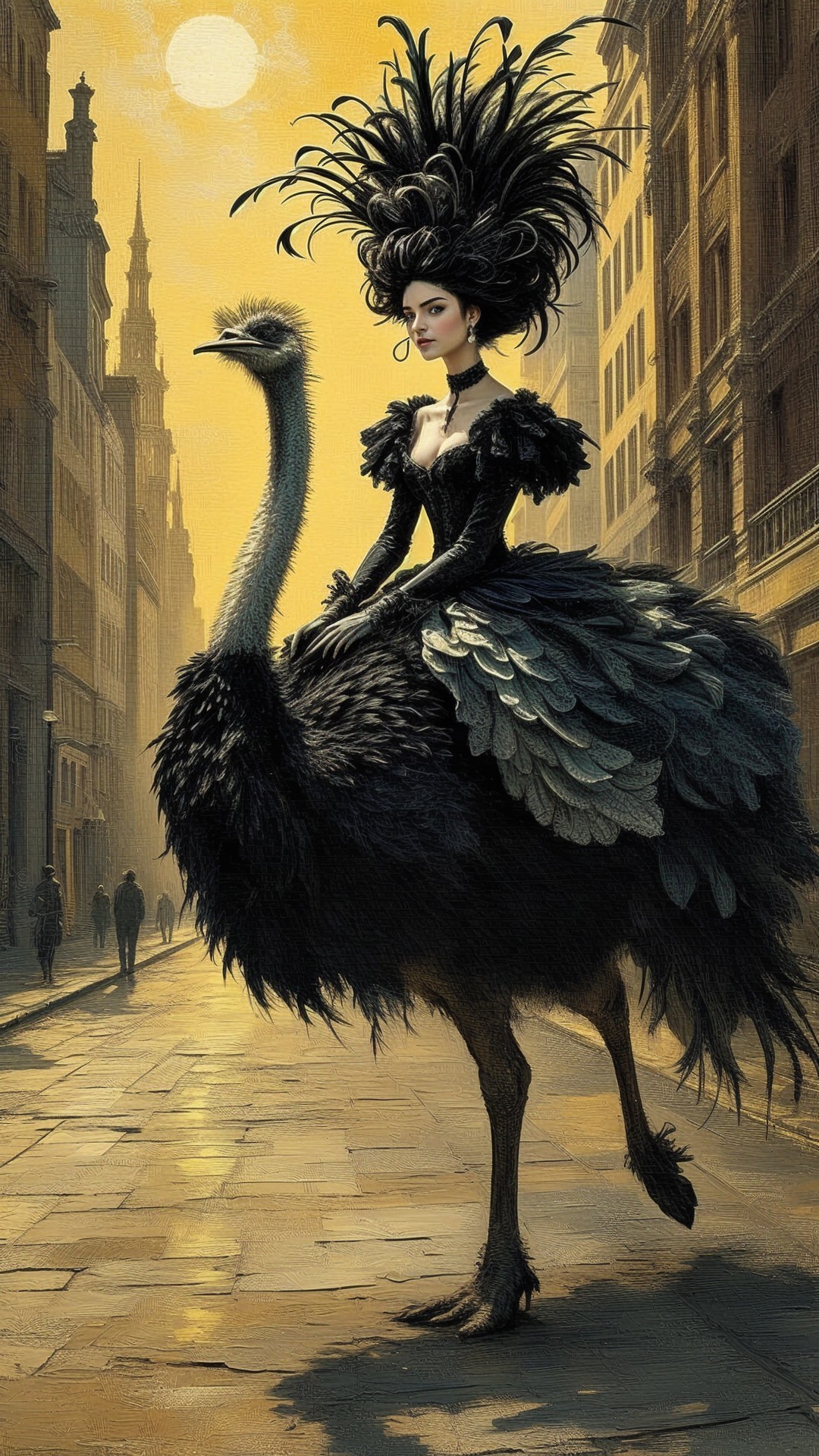 Surreal Scene of Woman on Bird in Vintage Setting