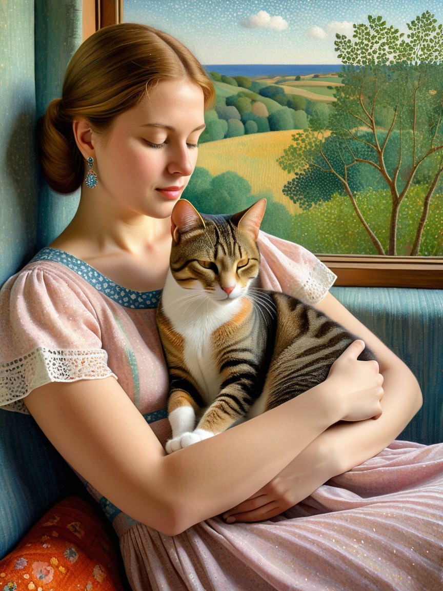 Young Woman in Pastel Dress with Cat by Window