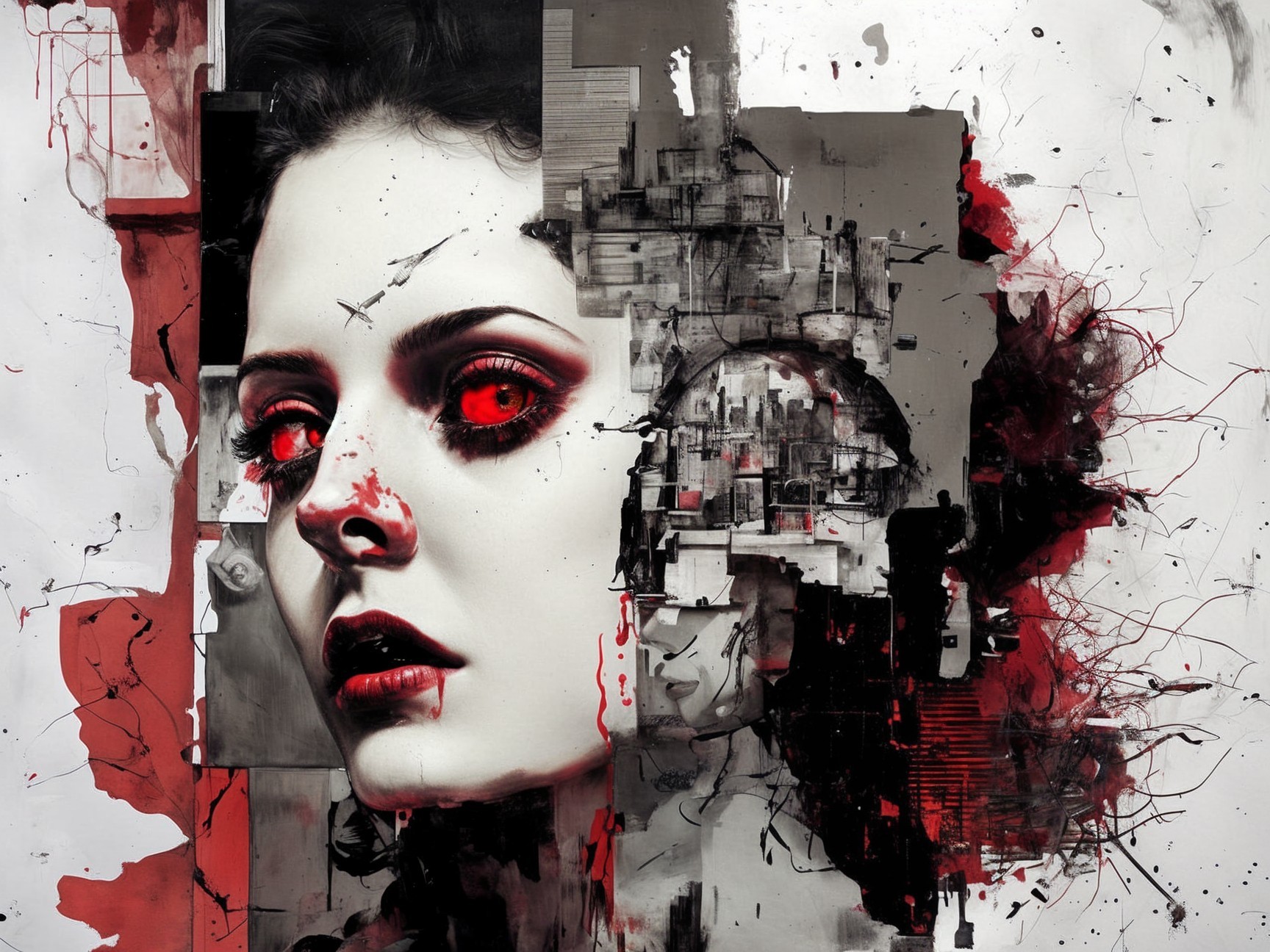 Haunting Artwork of Woman with Red Eyes and Accents