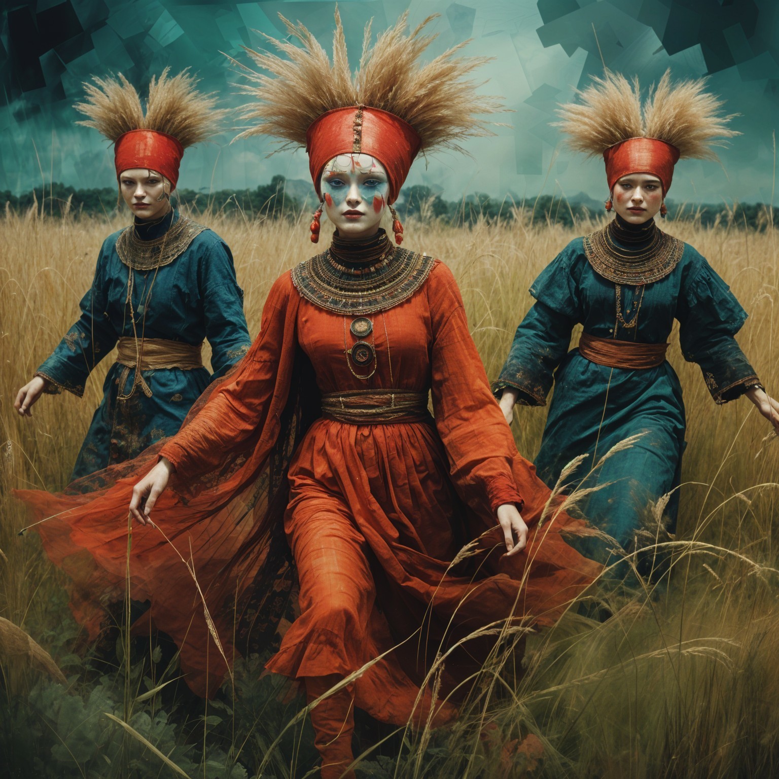 Women in Traditional Attire in Golden Field