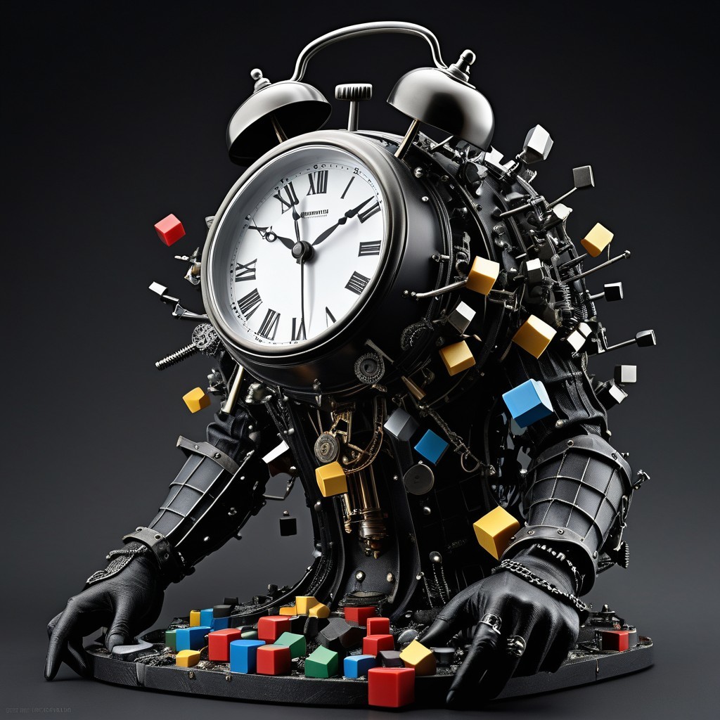 Surreal Humanoid Figure Made of Alarm Clock and Cubes