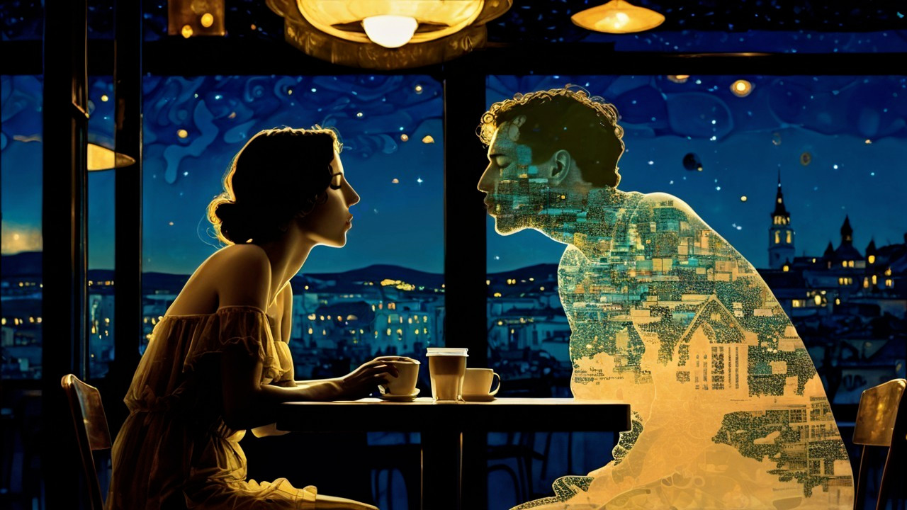 Cozy Café Scene with Intricate Silhouette Figures