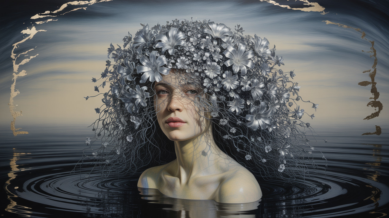 Portrait of a woman in calm waters with floral crown