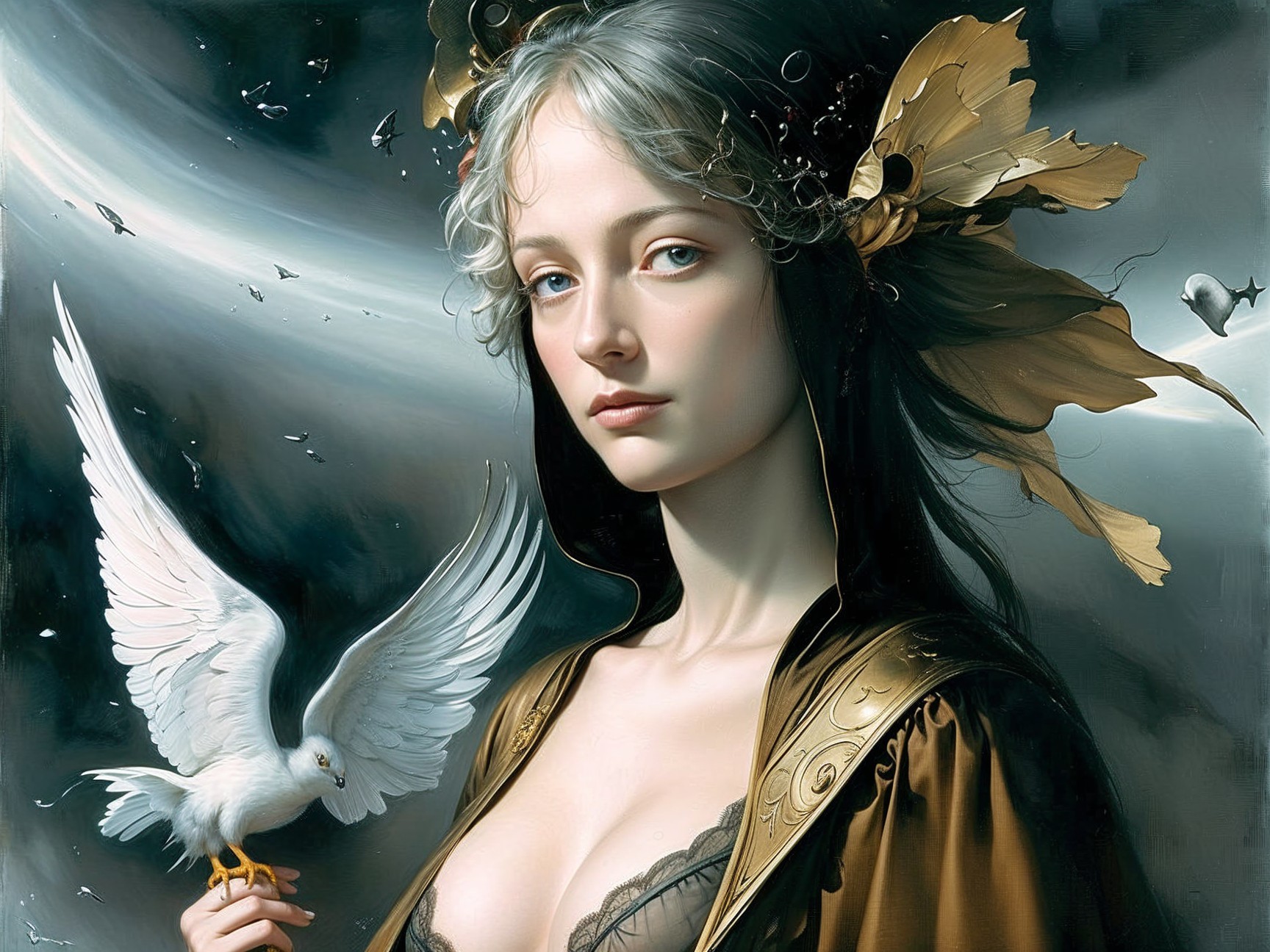 Serene Woman in Ornate Gown with White Dove