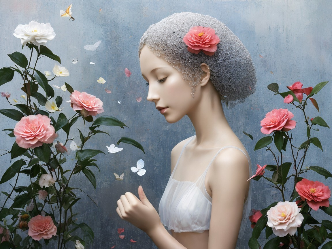 Delicate Mannequin Surrounded by Roses and Butterflies