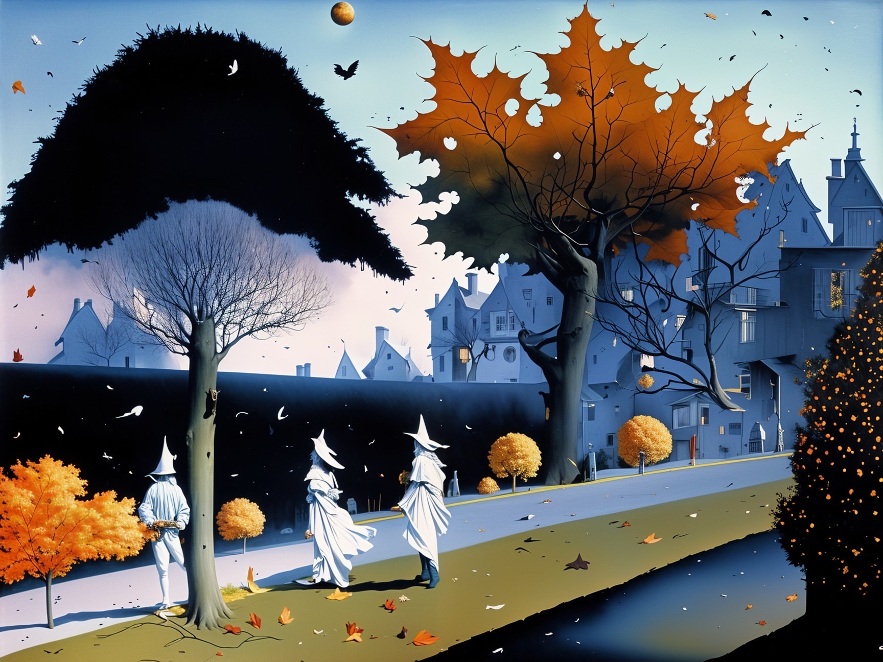 Surreal Autumn Landscape with Cloaked Figures and Trees