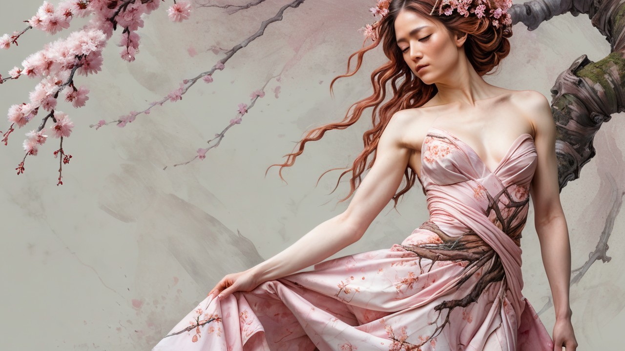 Elegant pink gown with cherry blossom motifs in watercolor