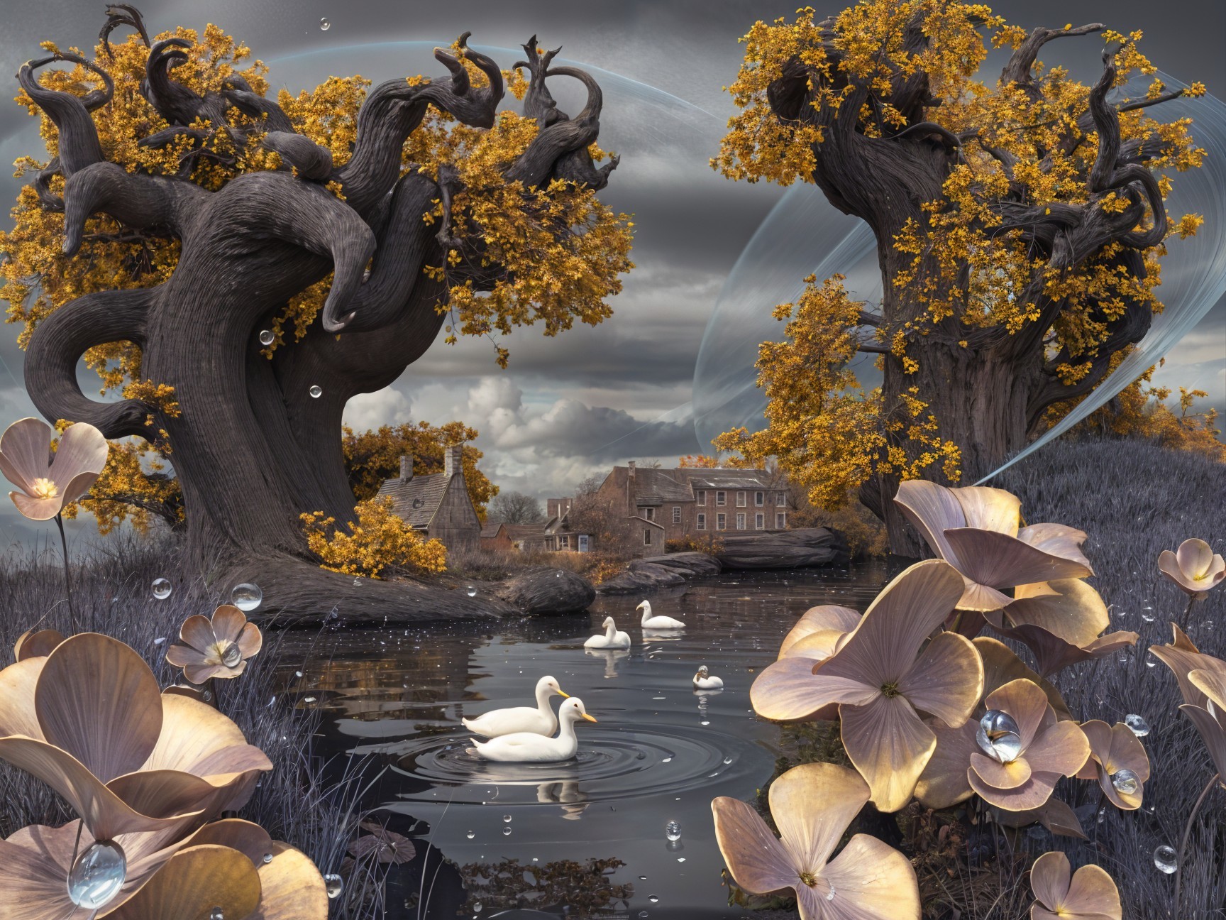 Surreal Landscape with Twisted Trees and Swans