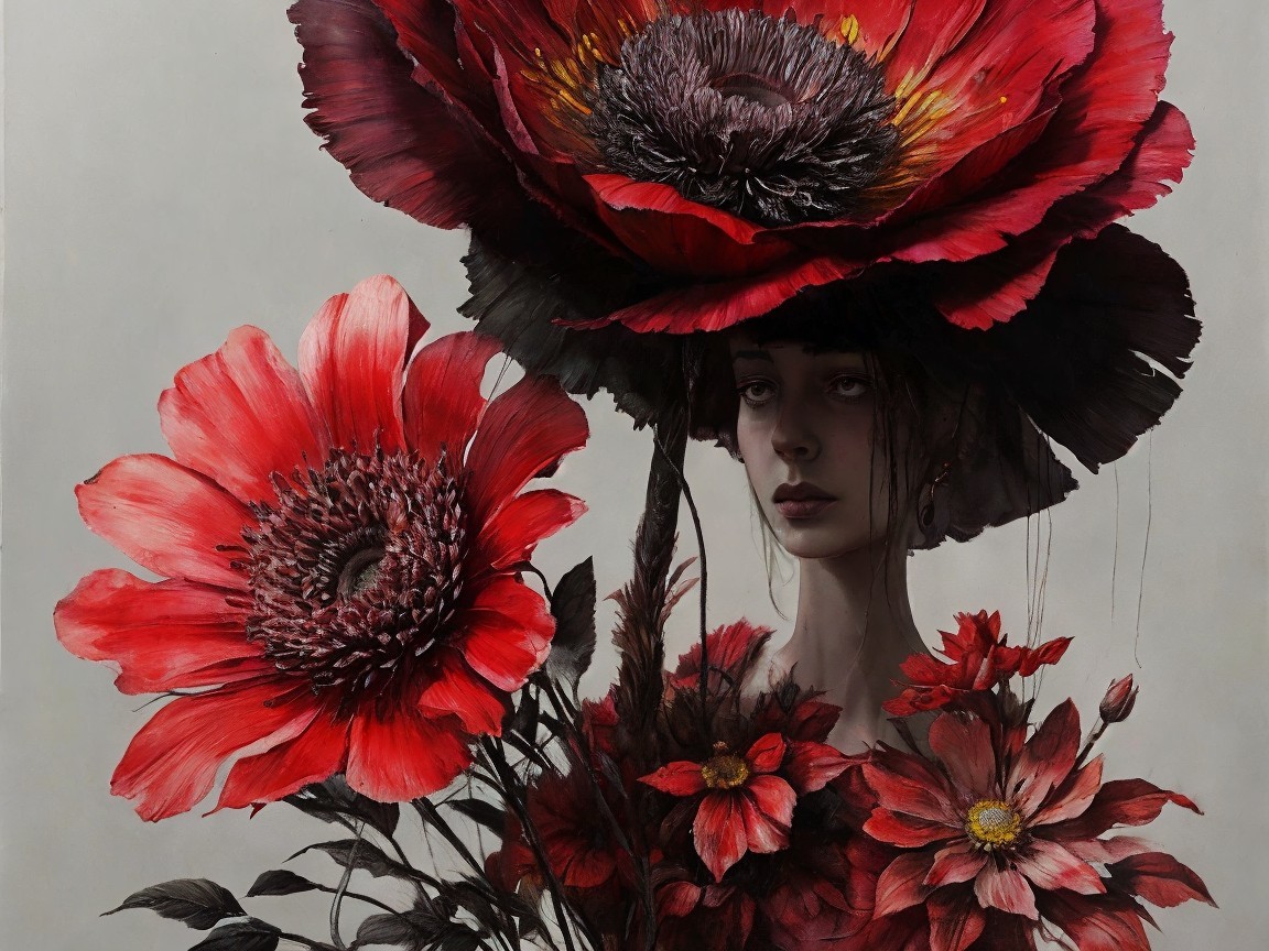 Surreal Portrait of Young Woman with Red Flowers