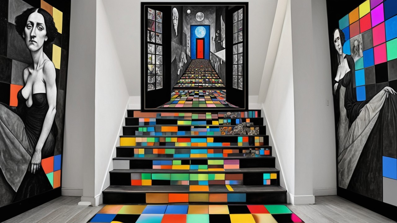 Vibrant Interior with Colorful Tiled Staircase and Art
