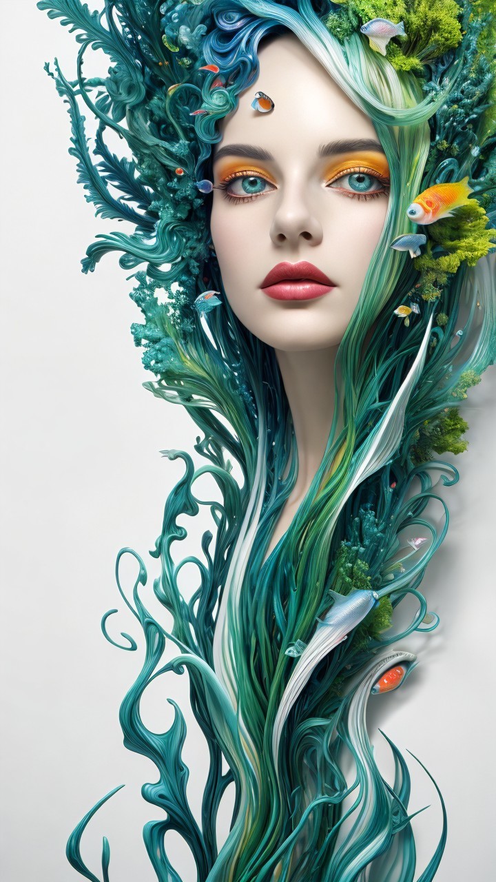 Surreal Woman with Oceanic Hair and Marine Life