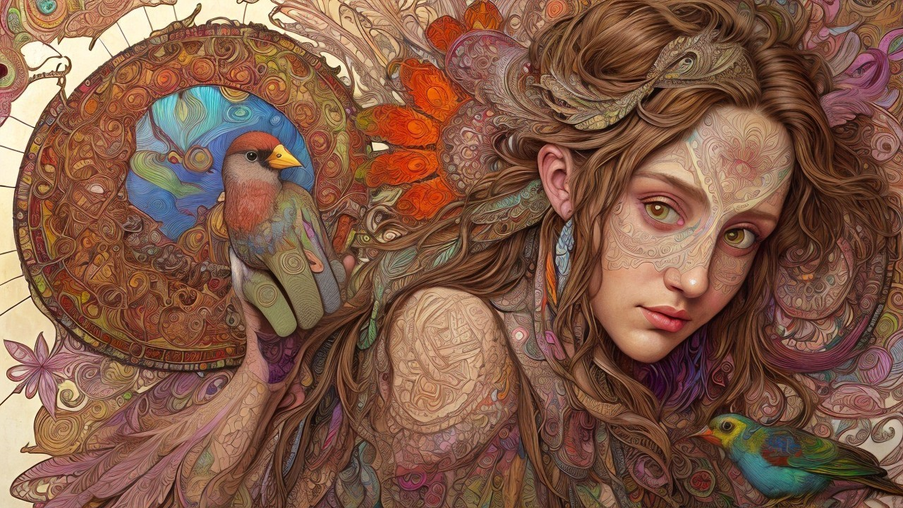 Young woman with vibrant colors and intricate patterns