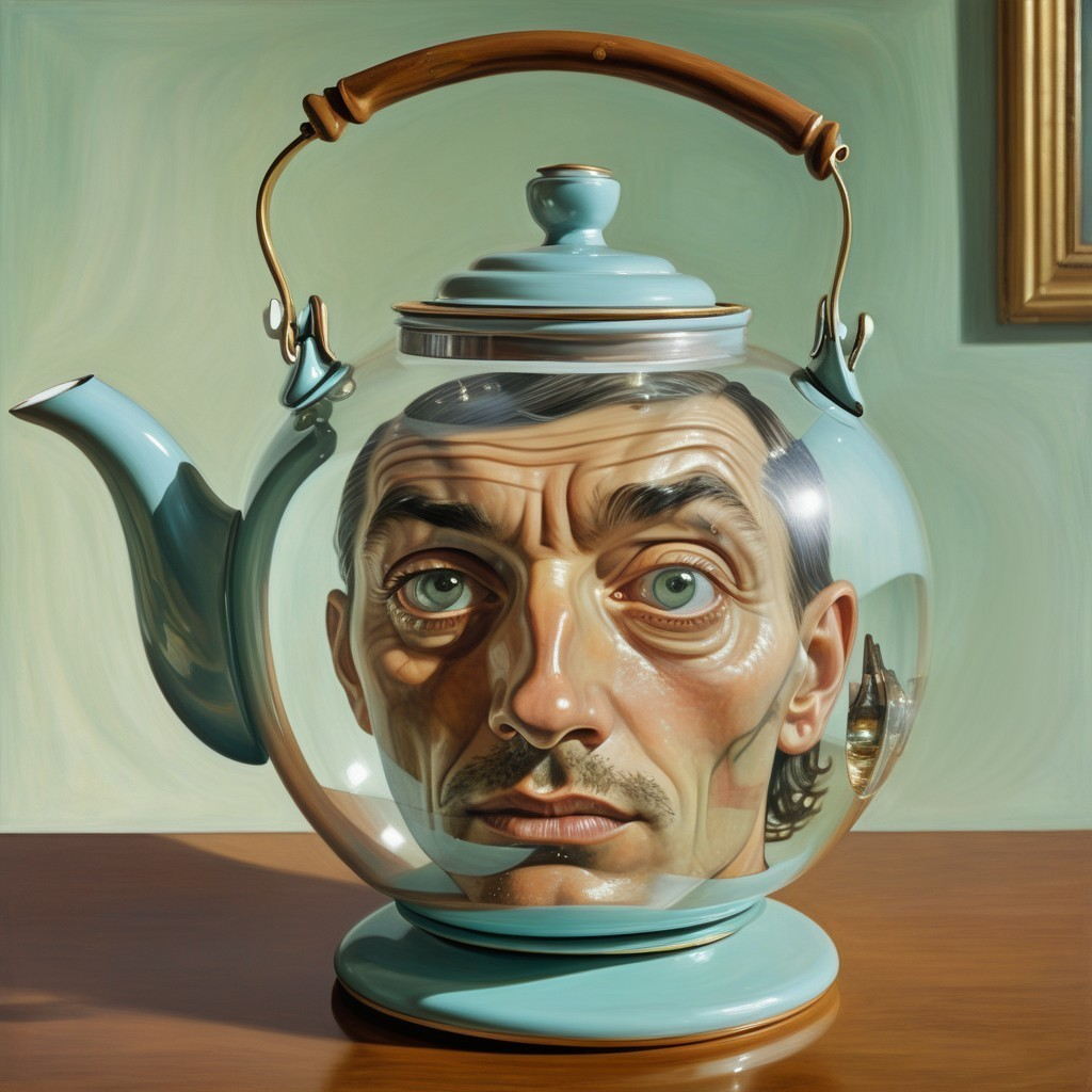 Intricately Designed Glass Teapot with Human Reflection