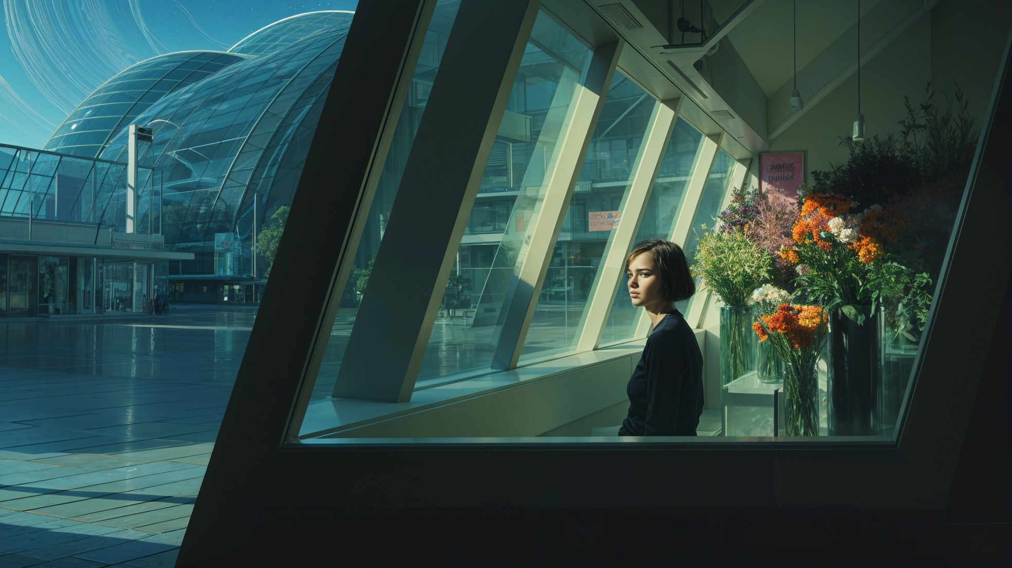 Woman by Window with Geometric Architecture and Flowers