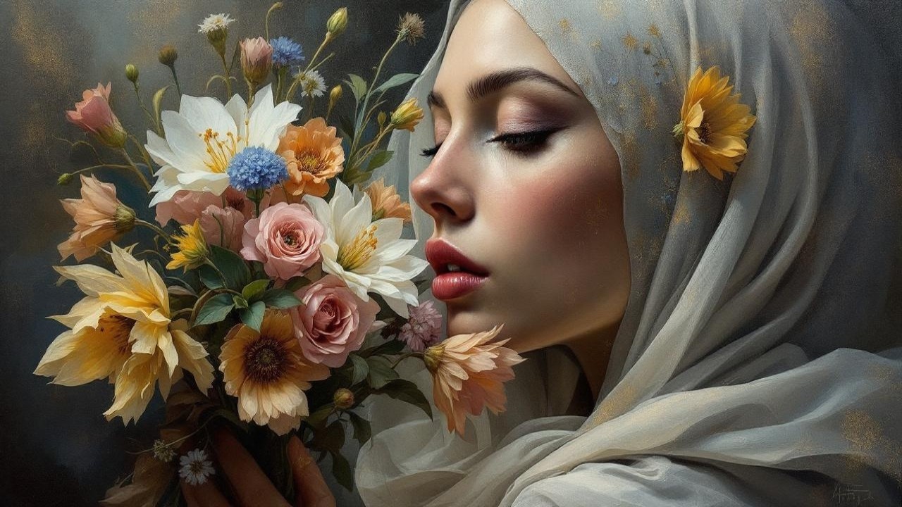 Portrait of a woman with floral scarf and bouquet