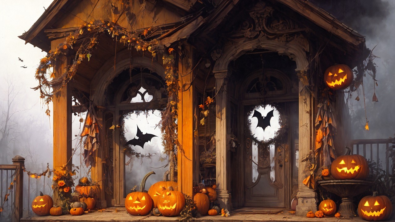 Haunted House Decorated for Halloween with Autumn Leaves