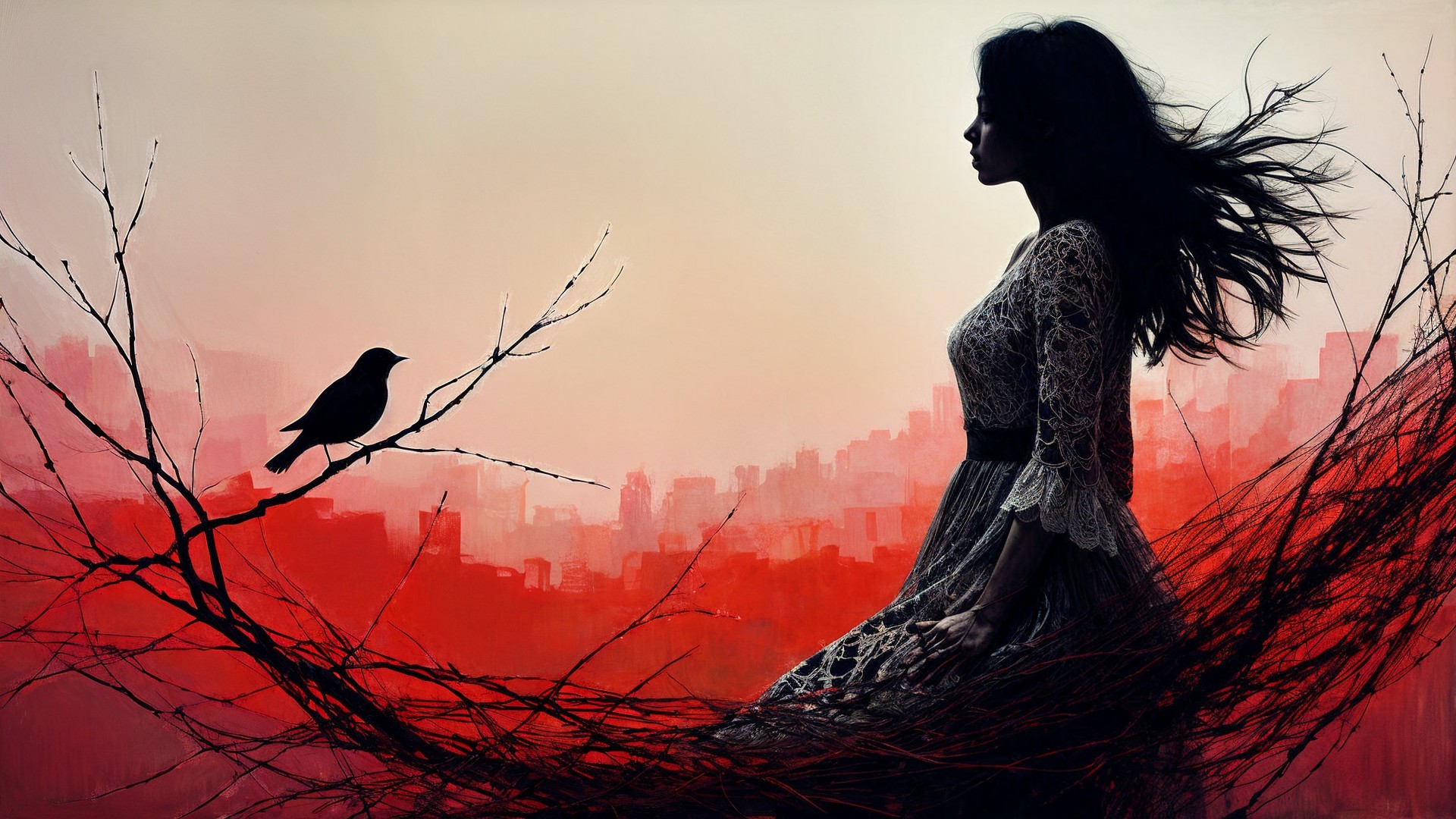 Silhouette of Woman in Lace Dress Against Red Background