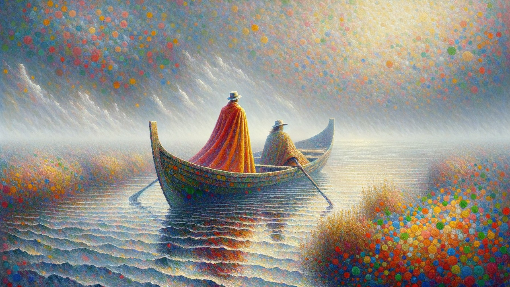 Figures in Colorful Capes on Calm Waterway Scene
