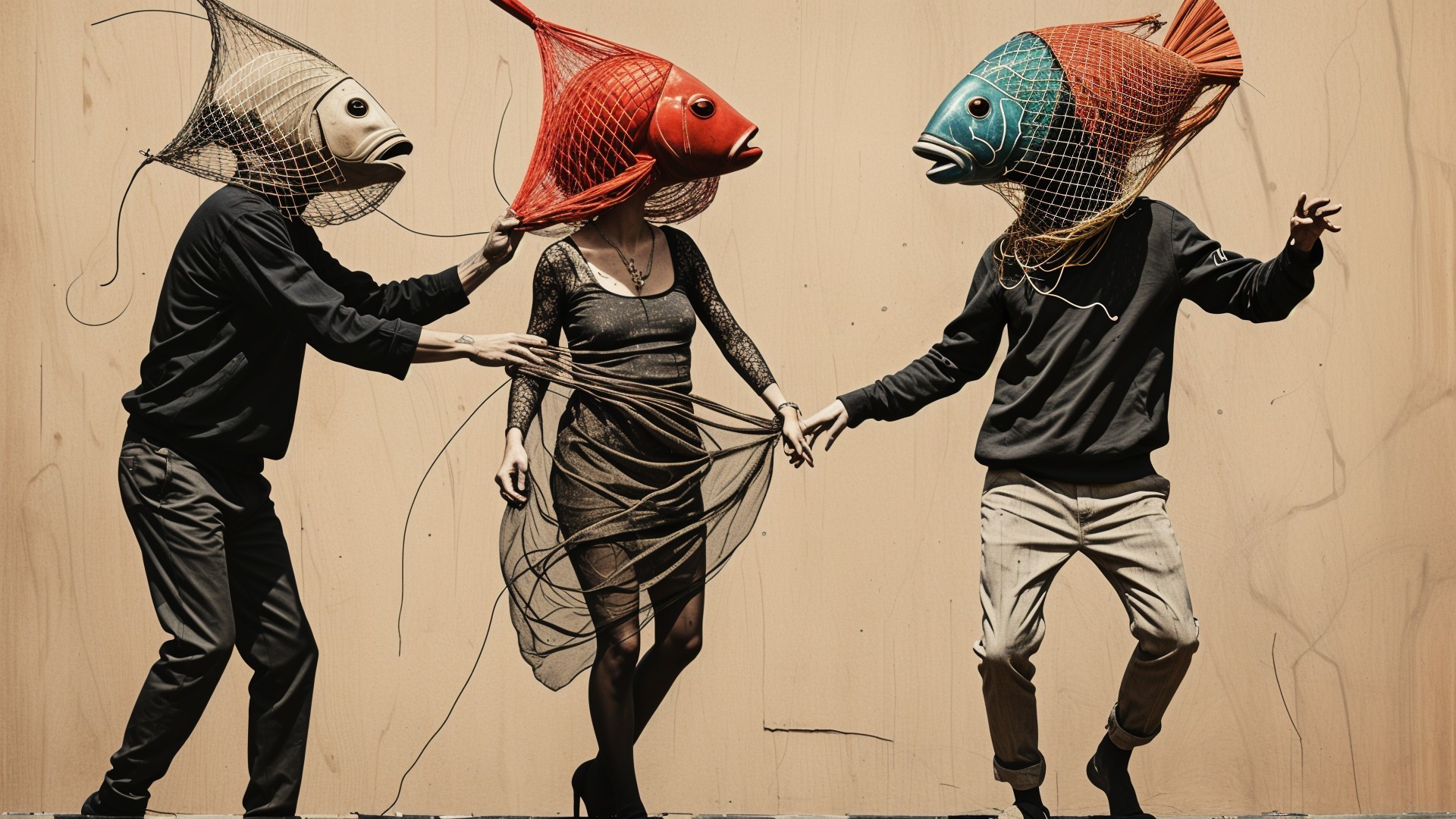 Whimsical Dance with Oversized Fish-Head Masks