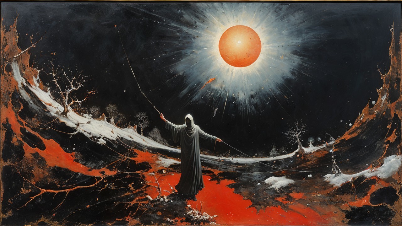 Mystical Figure in Surreal Landscape with Radiant Sun