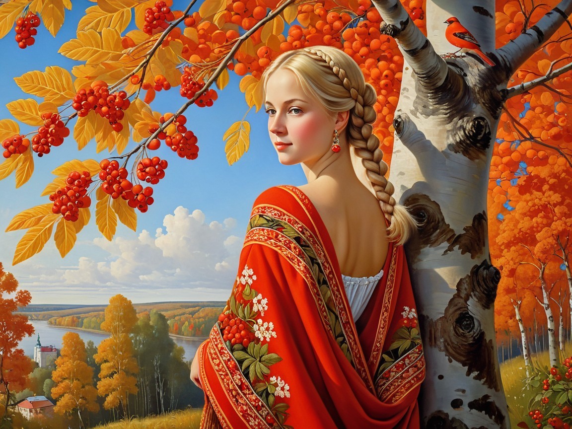 Young Woman in Red Shawl Amid Autumn Foliage