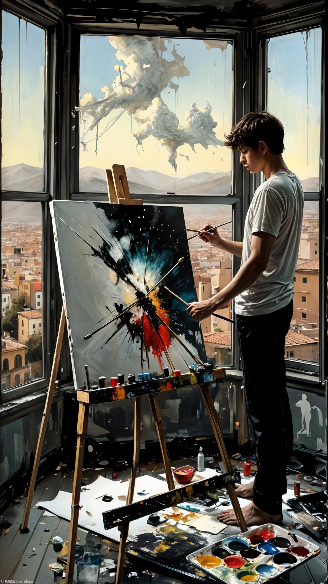 Young Artist Creating Colorful Cityscape in Sunlit Room