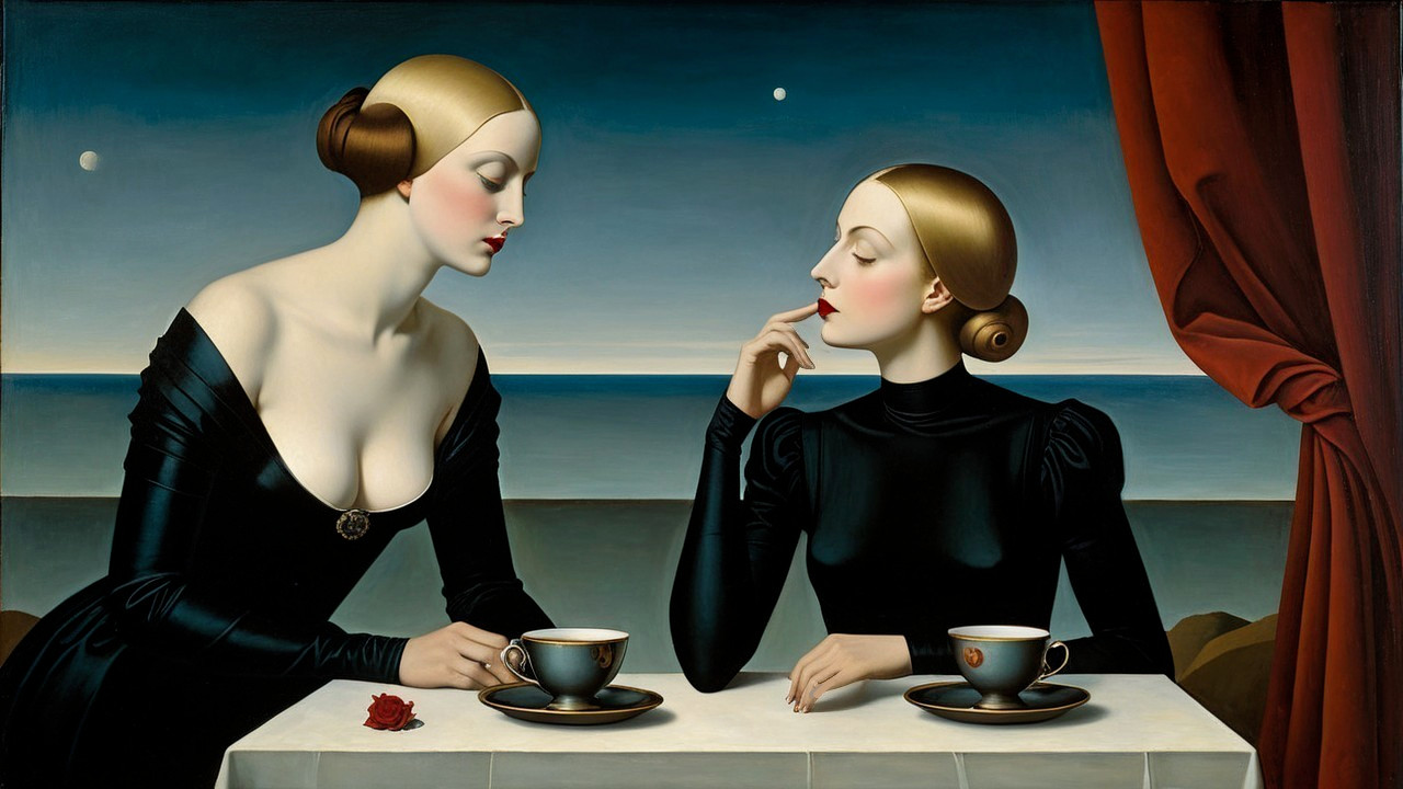 Elegantly Dressed Women at Table with Ocean View