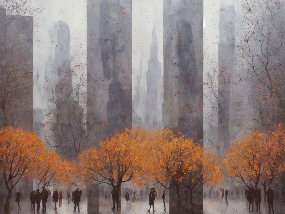 Misty Urban Landscape with Vibrant Autumn Trees