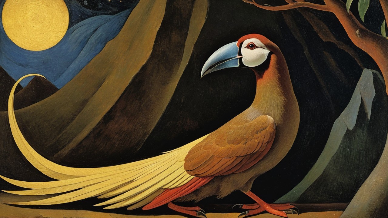 Stylized Bird in Night Landscape with Glowing Moon