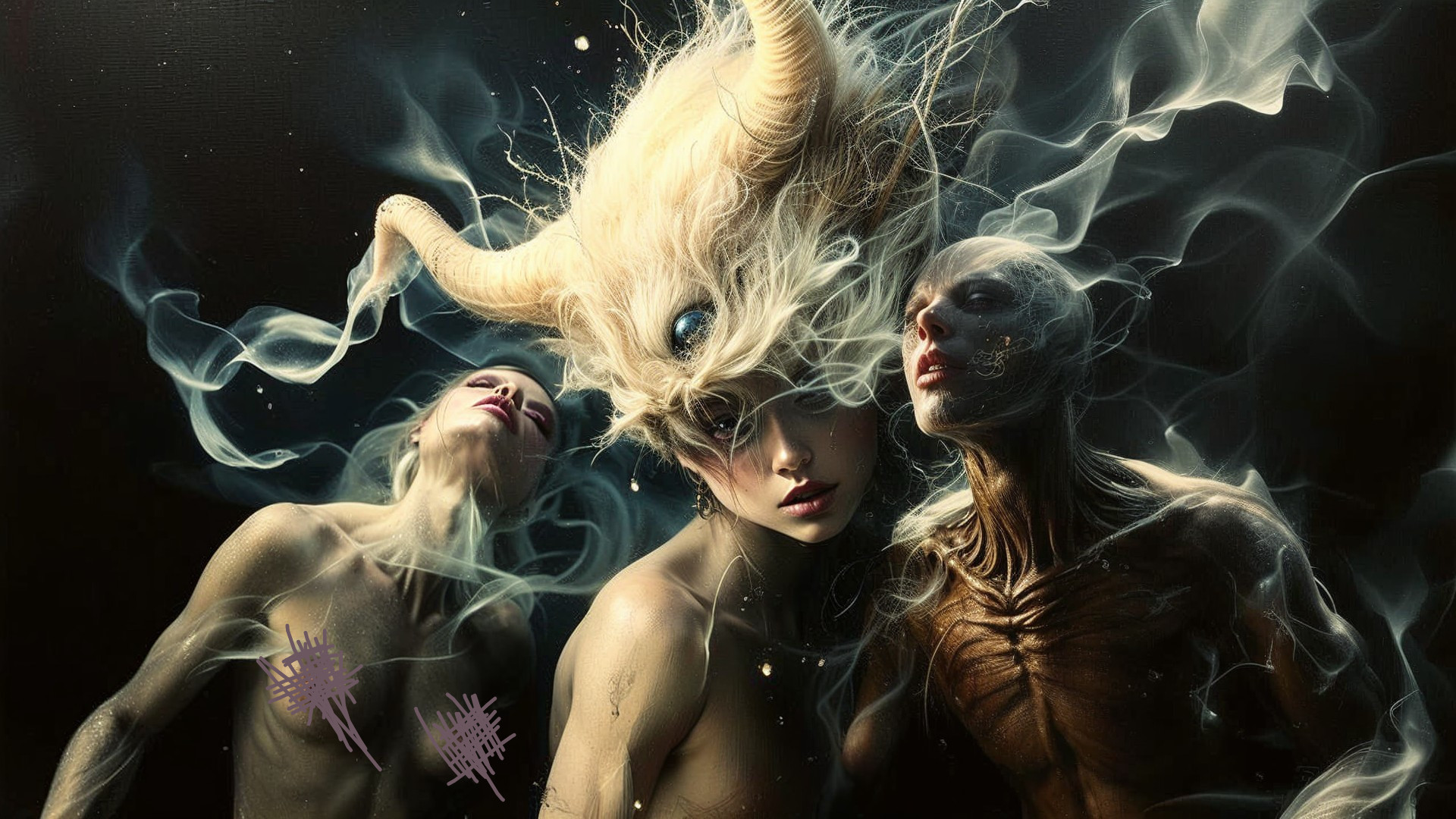 Surreal Scene with Intertwined Figures and Smoke