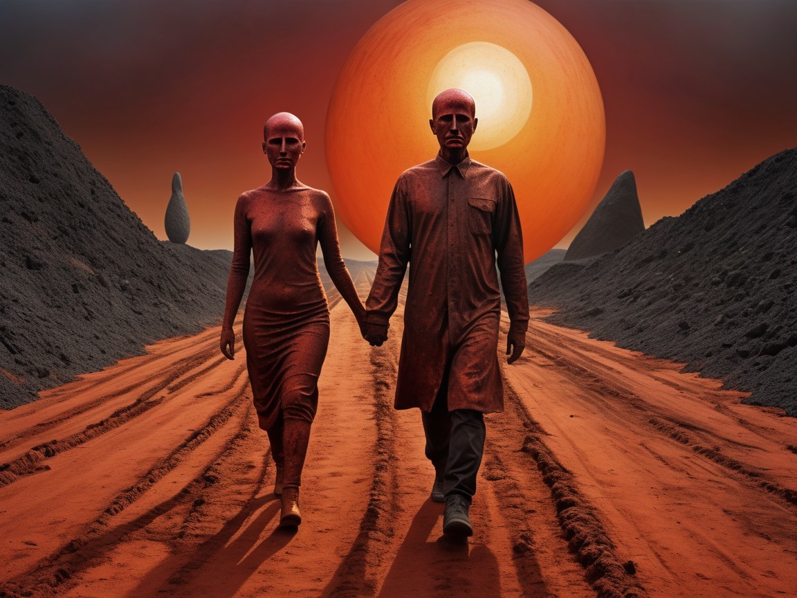 Surreal Couple on Red Path Under Orange Sunrise