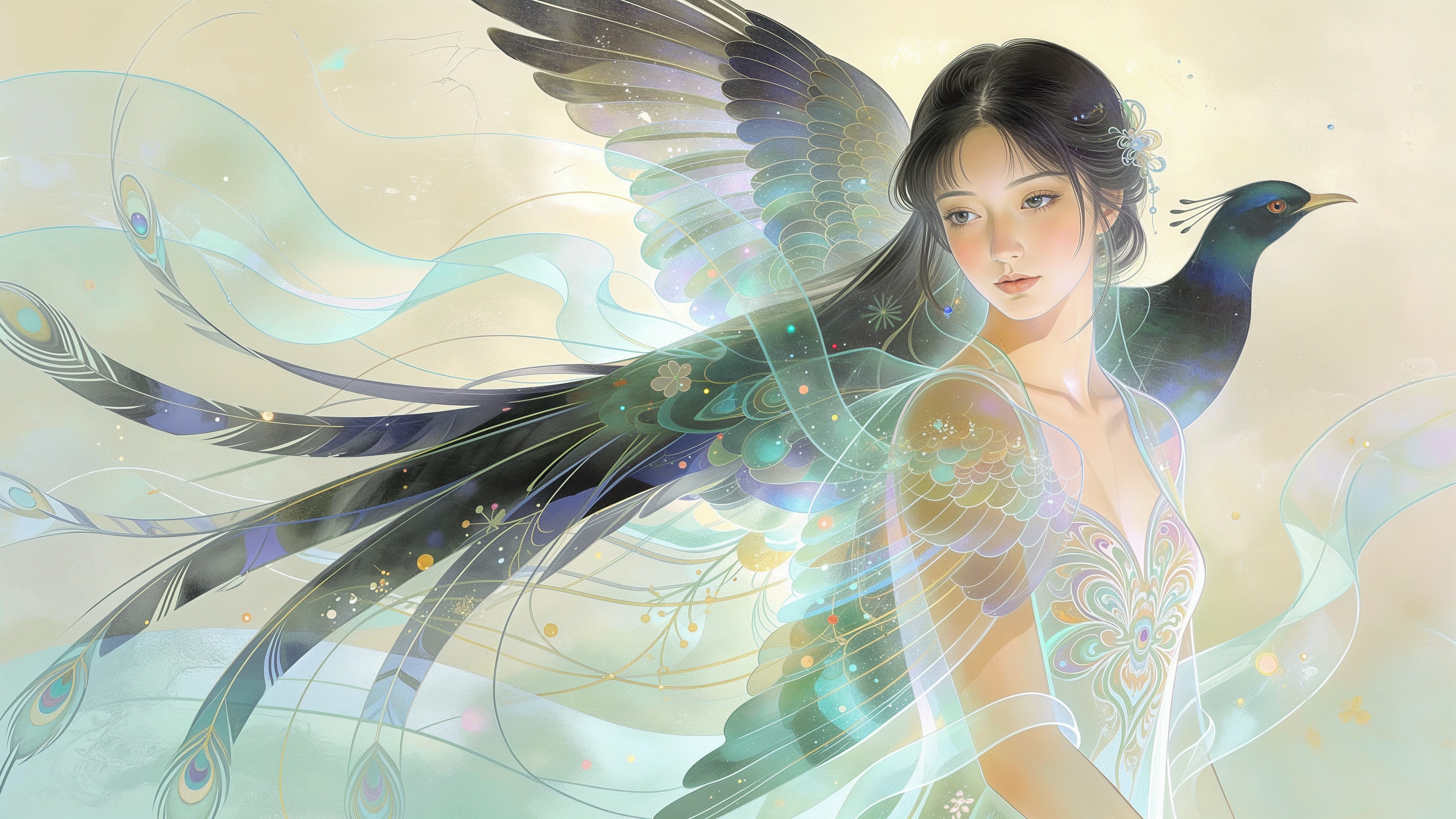 Illustration of a Young Woman in Ornate Dress with Bird