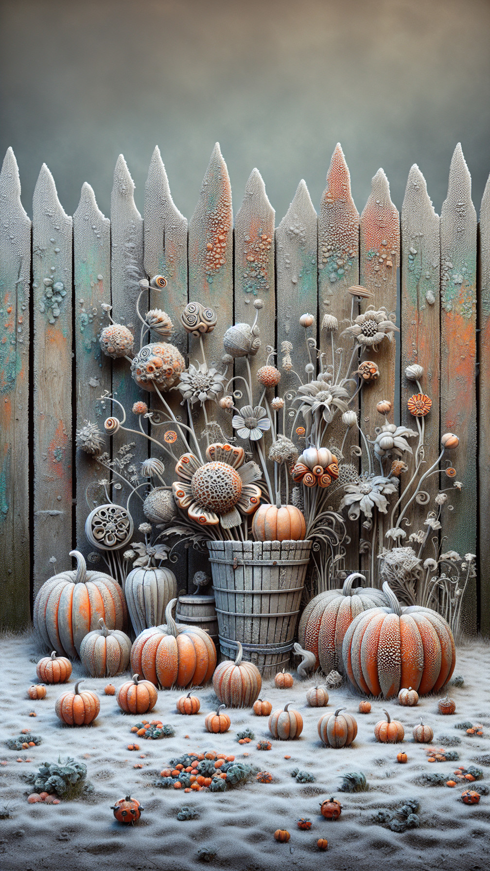Whimsical Autumn Scene with Pumpkins and Frosty Flowers