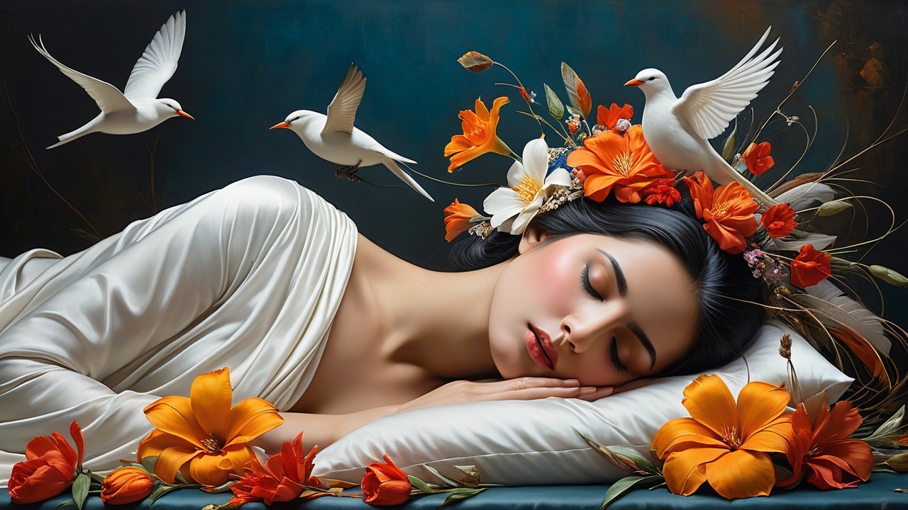 Serene Woman Surrounded by Flowers and Birds