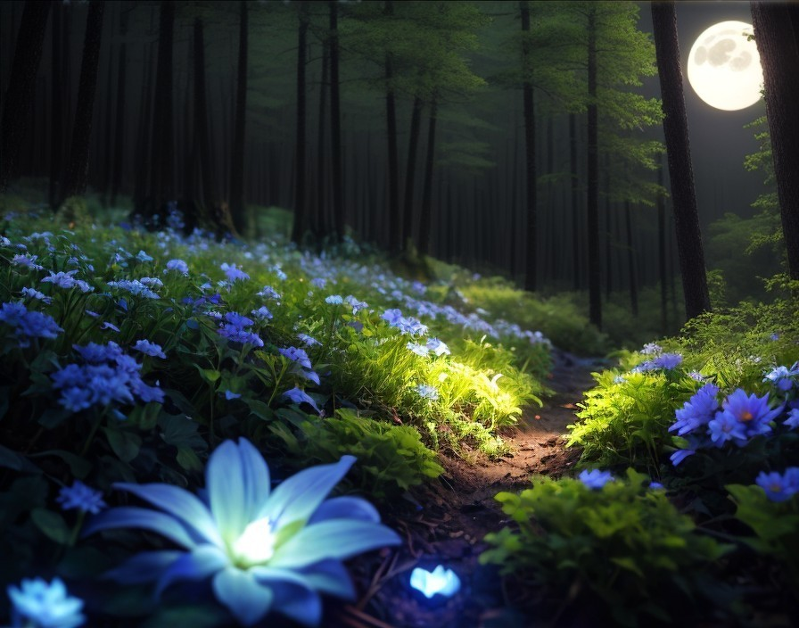 Tranquil Nighttime Forest Scene with Moonlight and Flowers