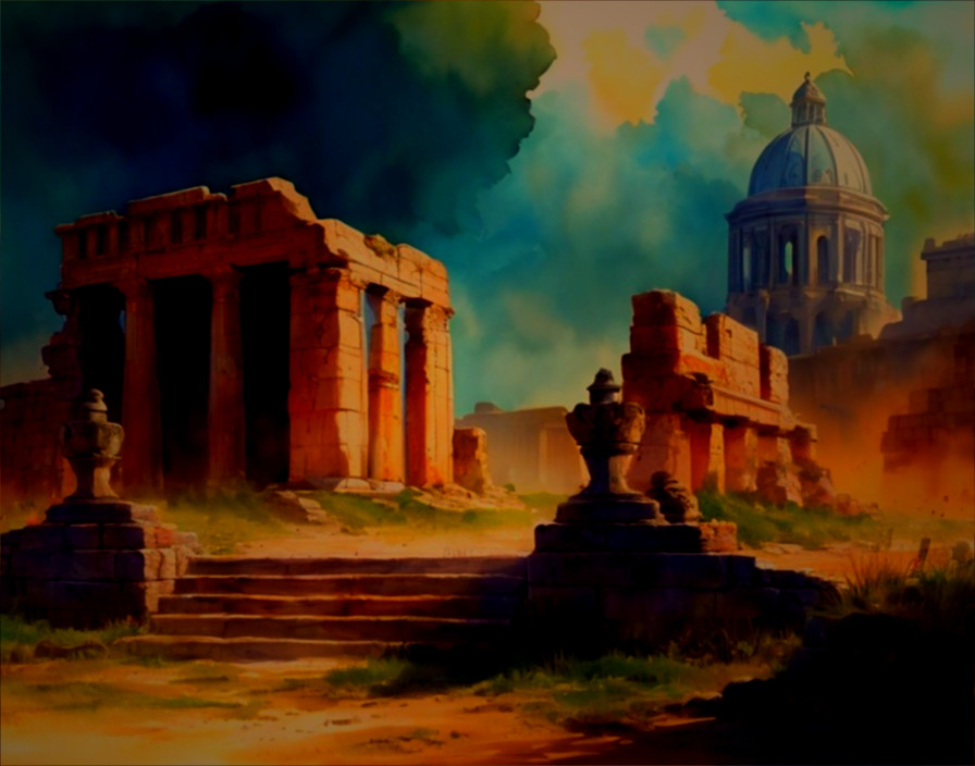 Digital Painting of Ancient Ruins and Dramatic Sky