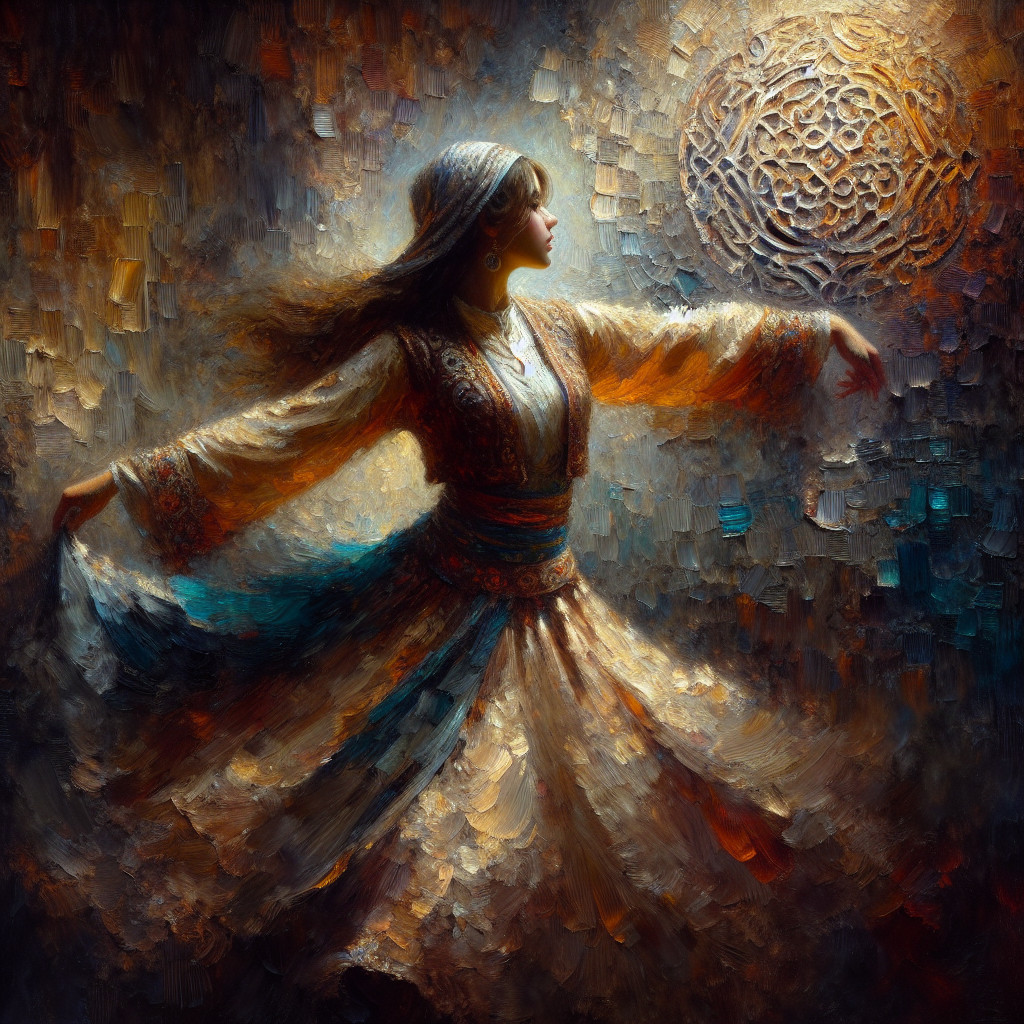 Woman in Traditional Dress Dancing with Colorful Swirls
