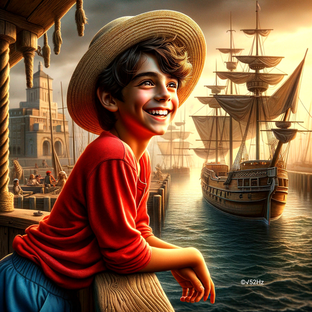 Young boy in straw hat at a lively port sunset