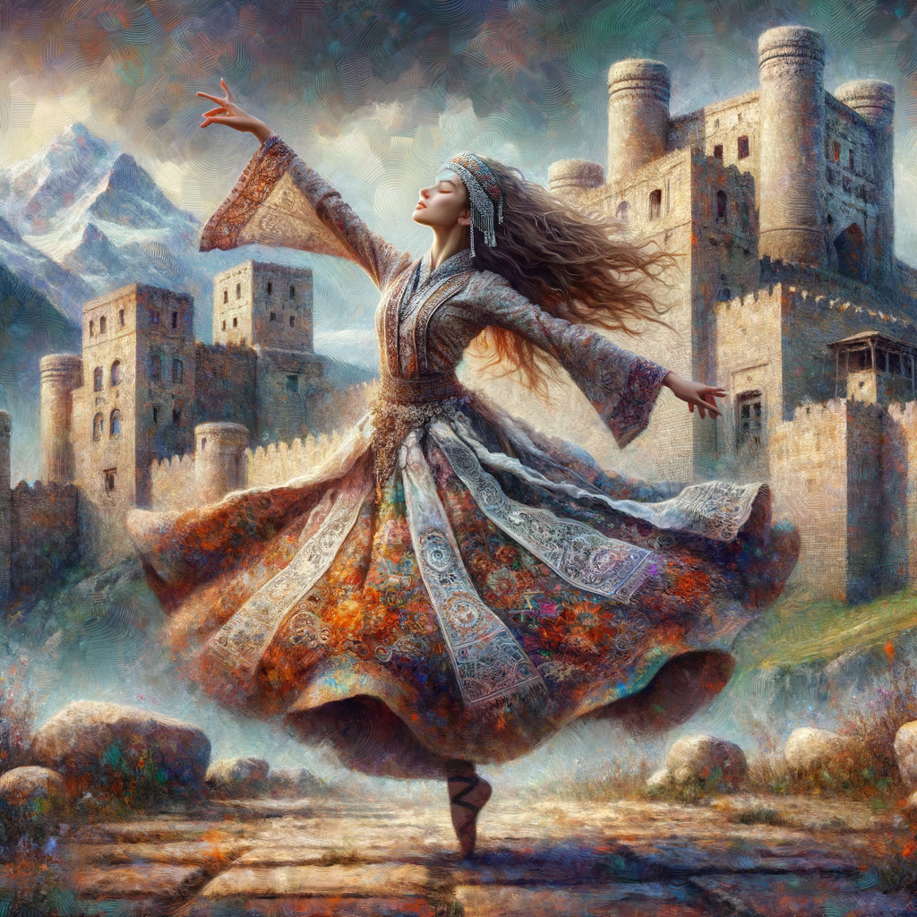 Dancer in Colorful Dress Against Mountain Castle Backdrop