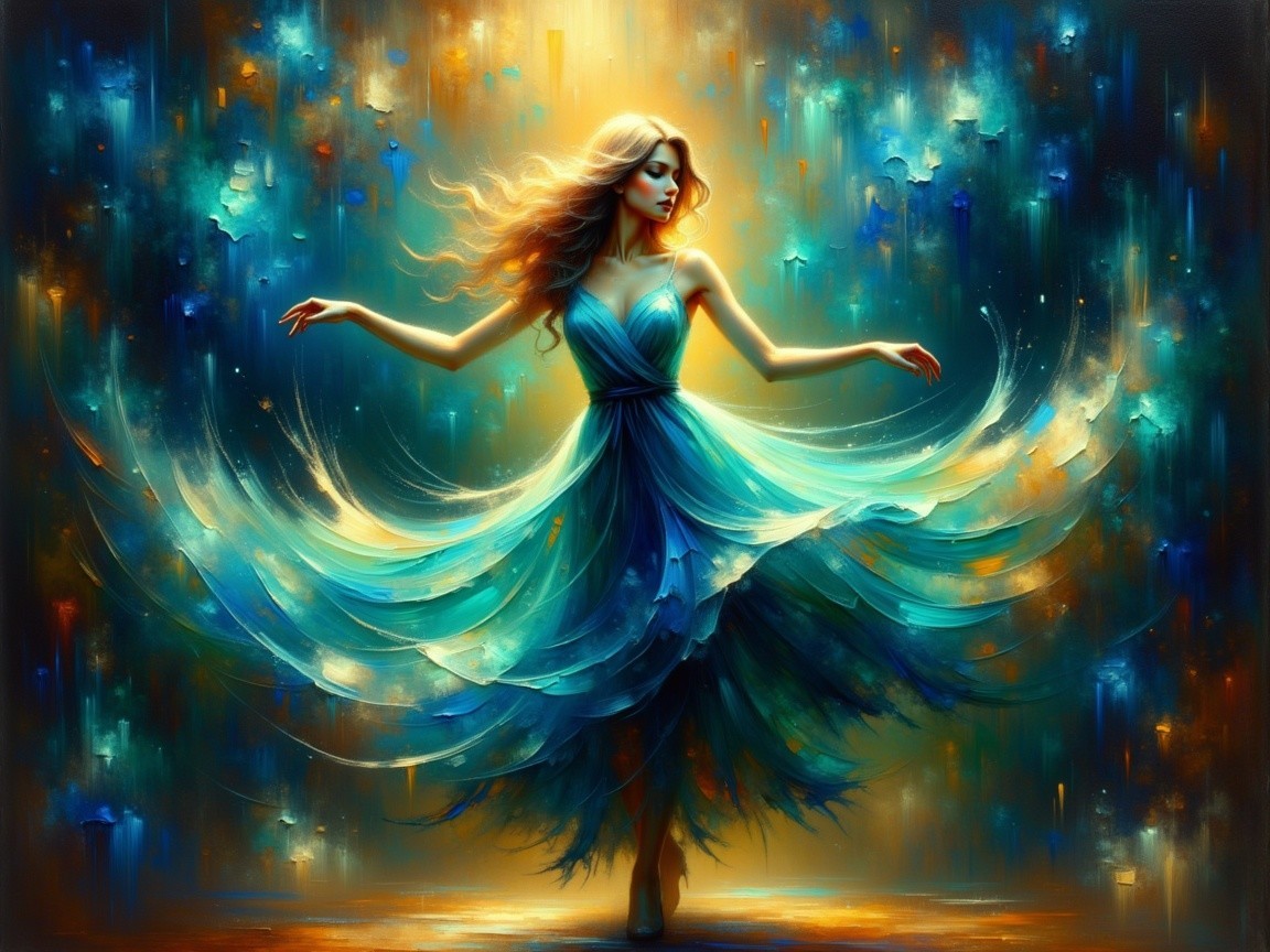 Graceful Figure in Flowing Blue Dress with Abstract Background