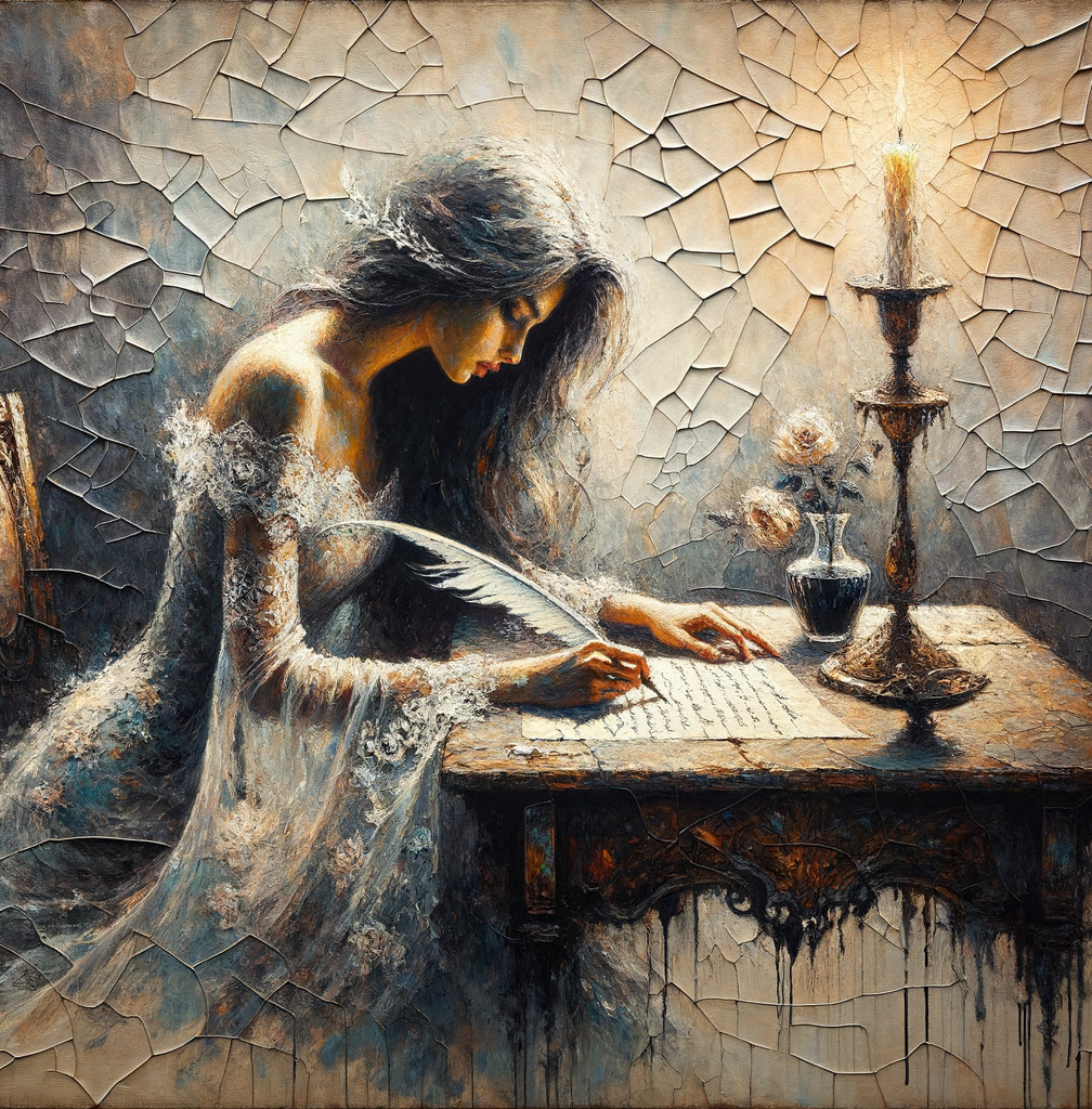 Serene scene of a woman writing with a quill