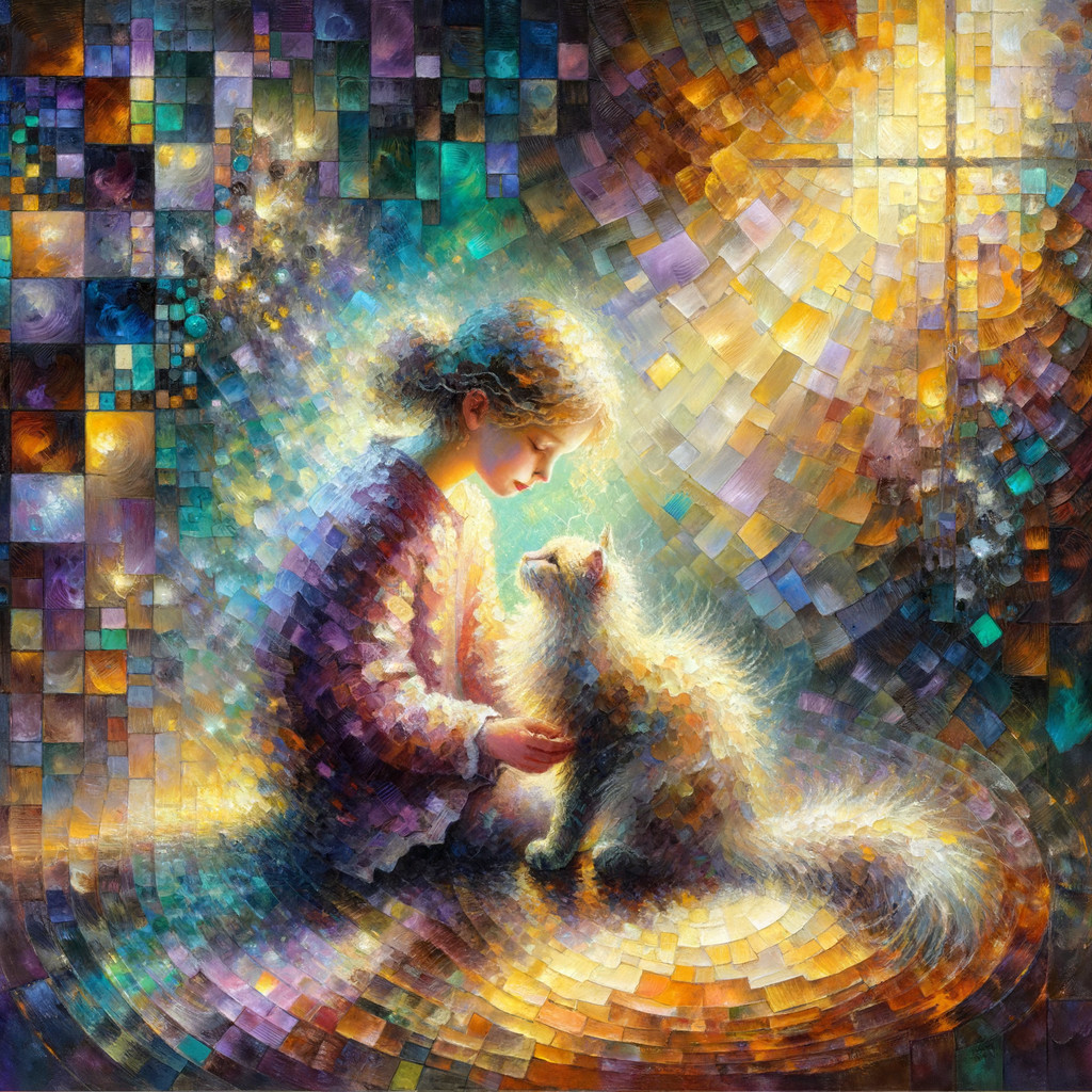 Young girl with fluffy cat in a colorful setting