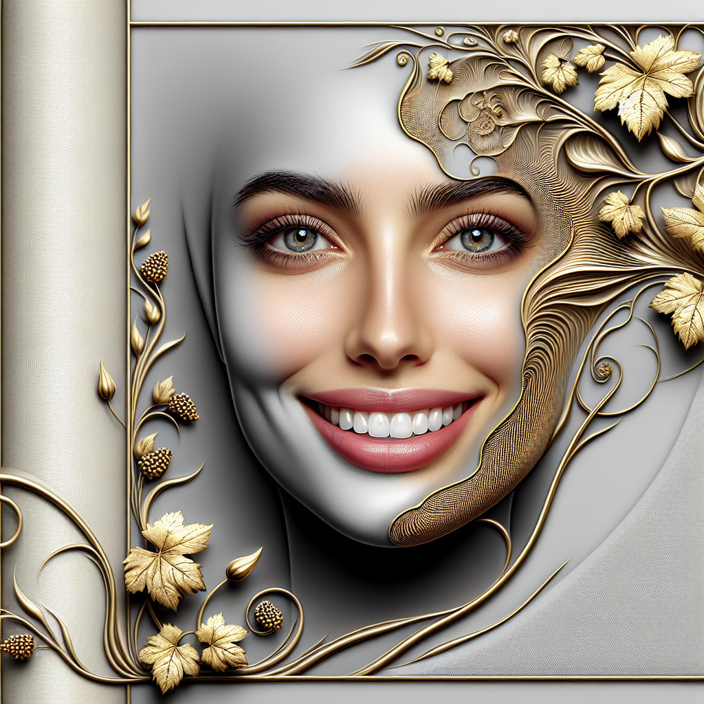 Serene Face with Floral and Leaf Designs in Gold