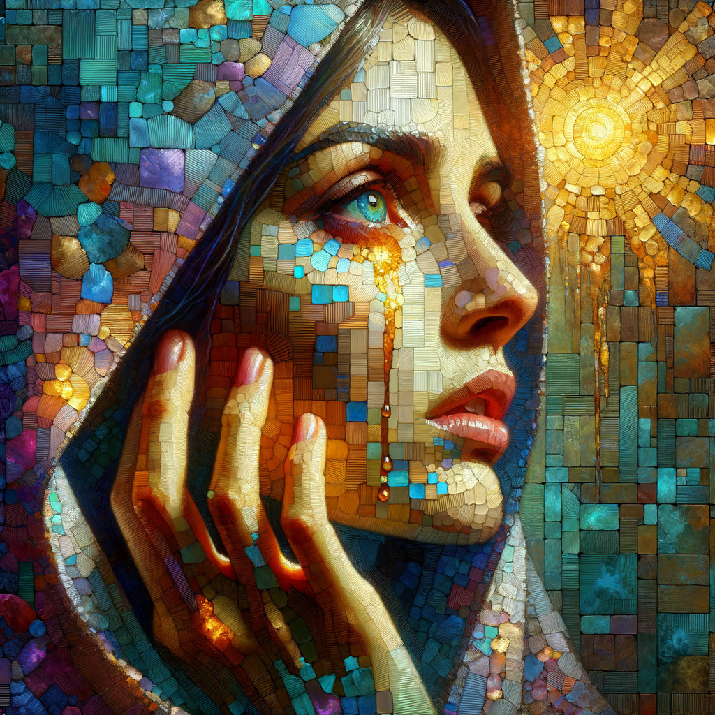 Woman with Colorful Mosaic Pattern and Teardrops